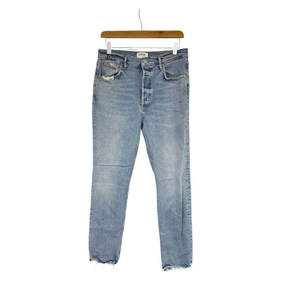 AGOLDE Riley Long High Rise Straight Jeans Medium Wash 29‎ Button Fly Distress